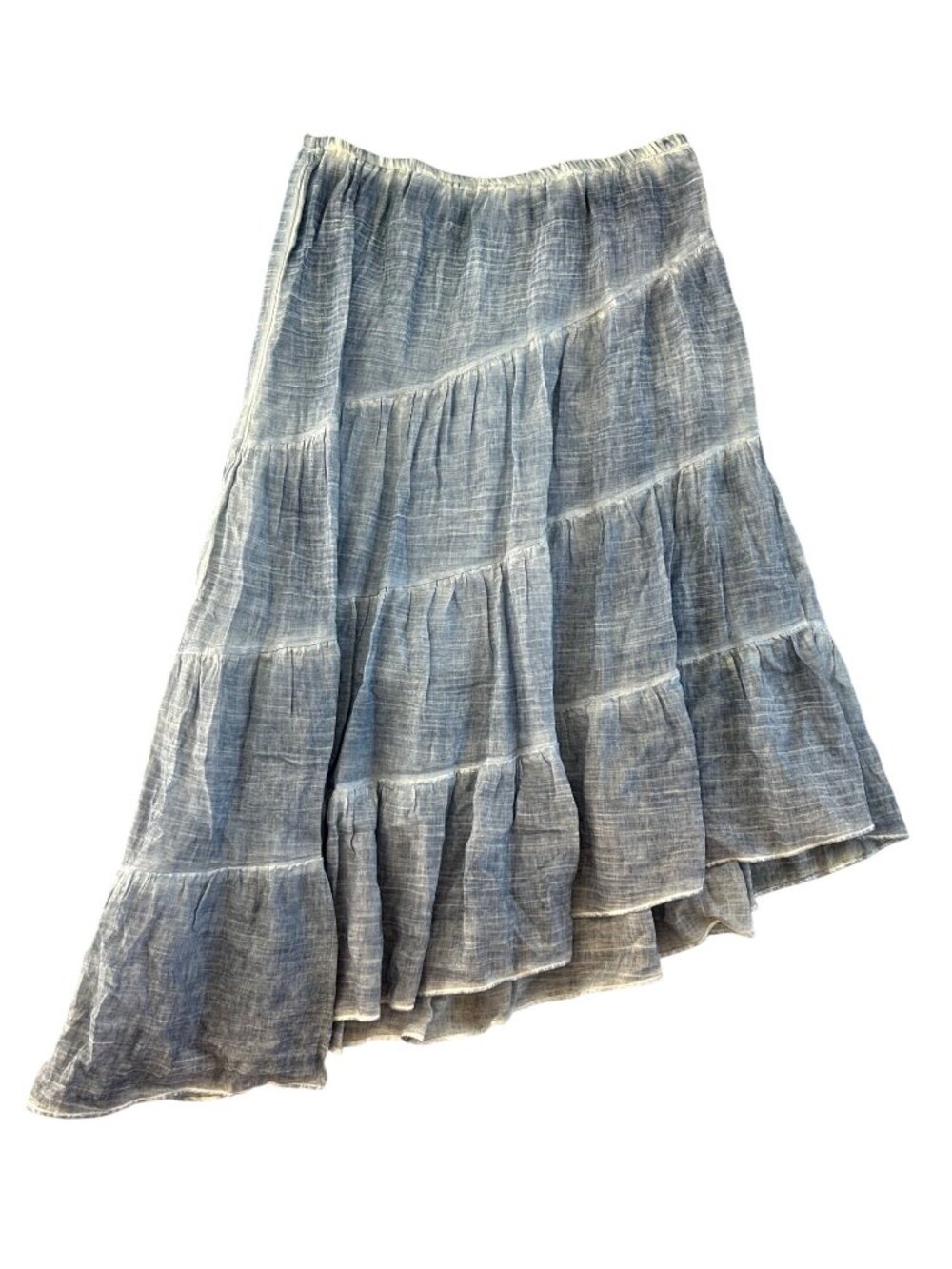 Chicos Women's Sz M Blue Tiered Chambray Midi Skirt With Asymmetrical Hemline